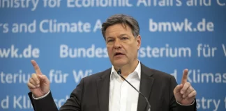 Robert Habeck, Federal Minister for Economic Affairs and Climate Protection, speaks at a press conference to present the key points of the Carbon Management Strategy (CMS) and the draft bill for the amendment to the Carbon Dioxide Storage Act in Berlin, Germany, Monday Feb. 26, 2024. Germany plans to enable underground carbon storage at offshore sites, pushing ahead with a much-discussed technology in an acknowledgement that time is running out to combat climate change, Habeck said Monday. (Monika Skolimowska/dpa)