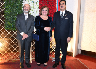 Chairman Senate Syed Yousuf Raza Gilani joins Ambassador H.E. Marilina Armellin and Mr. Domenico Pelloni at the Italian Cuisine Week Gala Dinner, highlighting enduring Pakistan–Italy ties.